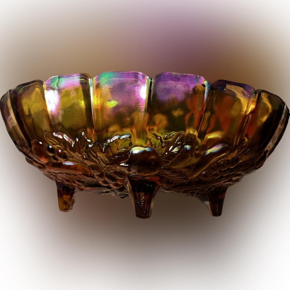 INDIANA Amber Iridescent Carnival Glass HARVEST GRAPE 12" Oval Bowl#1198